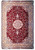 Full overhead view of burgundy red Turkish rug with cream medallion and gold floral border
