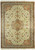Full view of ivory Persian Tabriz rug with tan brown medallion and dense floral vine field