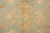 Close-up of apricot rosette motif hand-knotted into the sage green wool pile field