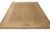 Angled view of the hand-knotted wool rug showing muted olive field and soft beige border