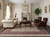 Formal living room styled with ivory and red hand-knotted wool rug under carved coffee table