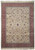 Full overhead view of ivory field Kashan design Oriental rug with deep red floral border