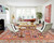 Bright white living room styled with gray Kazak rug beneath chrome chairs and wood coffee table