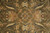 Detail of hand-knotted wool pile showing cream palmettes and burgundy centers on olive ground
