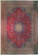 Red Persian Tabriz rug with ivory star medallion, eggplant purple surround and navy floral border