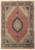 Overhead view of copper field Mahi Tabriz design rug with navy scalloped medallion and border