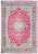 Full view of red and rose toned Persian Najafabad rug with ivory medallion and indigo floral borders