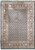 Overhead view of navy Mahi fish pattern wool rug with red floral border and ivory fringe