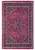 Overhead view of raspberry red Persian Mashad rug with navy floral medallion and ivory borders