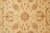 Macro detail of taupe palmettes, curling vines and tiny red accents across the ivory field