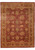 Full overhead view of burgundy field rug with gold floral border and repeating rosette lattice