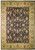 Overhead view of charcoal black Chobi rug with antique gold floral border and ivory palmettes