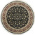 Black round wool and silk rug with all-over floral design and maroon multi-band border