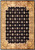 Studio view of black and gold Tibetan wool rug with ivory rosette field and baroque border