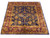 7'8" x 8' square hand-knotted Indian rug photographed at an angle showing gold and burgundy borders