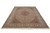 Full angled view of the hand-knotted wool and silk Mahi rug showing ivory borders and fringe
