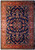 Dark blue Sarouk design rug with coral border and all over floral pattern, overhead view