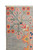 Corner close-up of salmon pink and orange flowering sprigs woven on soft grey wool pile