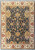 Midnight blue Agra oriental rug with ivory floral border and gold palmettes shown flat overhead