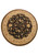 Full overhead view of round black rug with beige floral border, 8 feet across