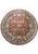 Full overhead view of the round red rug with ivory centre medallion and wide black floral border