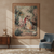 Tapestry wall hanging displayed above a blue armchair and walnut cabinet in a beige sitting room