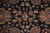 Symmetrical floral repeat on jet black wool ground with apricot rosettes and burgundy stems