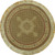 Full overhead view of round brown rug with ivory star medallion and cream fringe on white background