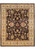 Whole rug seen from above, dark brown floral field framed by a wide beige border