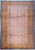 Full view of slate blue Bokara rug with repeating apricot guls and many narrow stacked borders