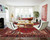 Red Heriz rug anchoring a bright living room with white sofa and chrome Barcelona chairs