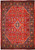 Dark orange Persian Sarouk rug with navy border, all-over floral field and small diamond medallion