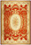 Red and gold French needlepoint rug with ivory oval medallion, rose garlands and scrolling acanthus borders