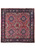Square 6'8" x 6'8" Persian Sarouk rug with rose-red floral field and navy blue border