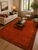 Rust orange 9x12 area rug anchoring a neutral living room with sofa and dark coffee table