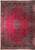 Full view of red Persian Kashan rug with sky blue lobed medallion and navy floral border