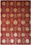 Full view of ruby red Tibetan wool and silk rug with ivory gold floral trellis