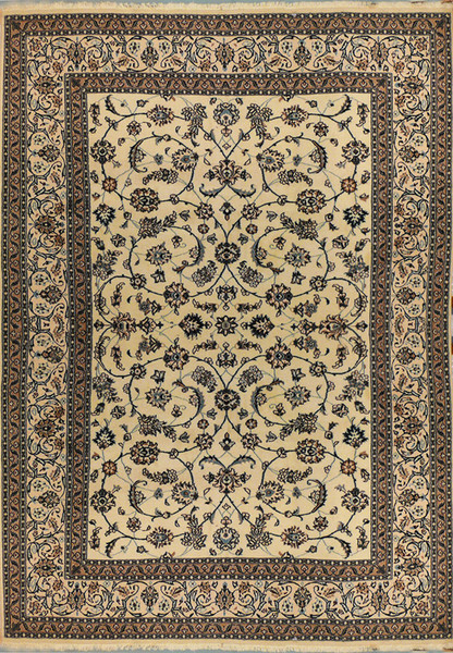 Full view of 8×11 Persian Nain rug with beige background and blue motif accents