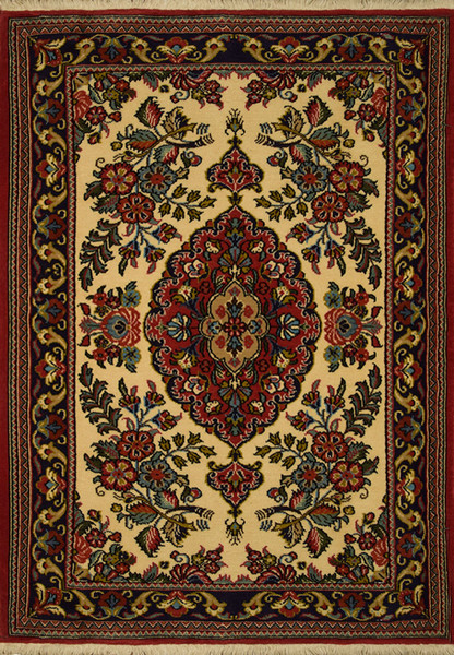 Overall view of the 2'5" x 3'5" Persian Qum Kork Rug, showcasing its fine craftsmanship and detailed patterns