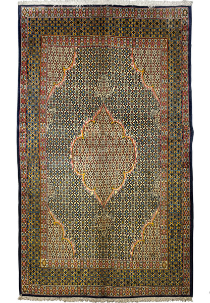 Exquisite full view of 4'5 x 7' Persian Qum Kork and Silk Rug with intricate patterns