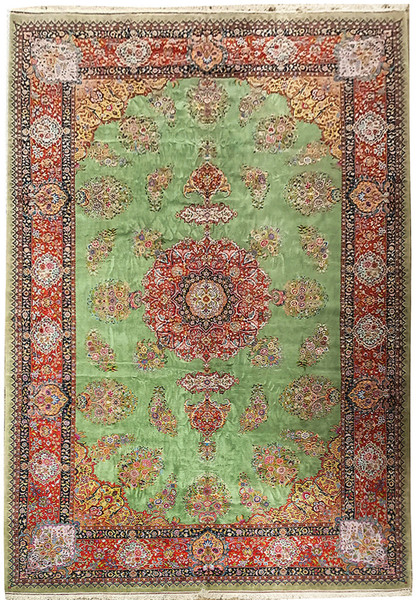 Exquisite 11'1" x 17'3" Persian Tabriz rug with central medallion design on a sage green field, bordered by intricate floral patterns