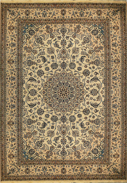 Full view of 8'2 x 11'5 Persian Nain rug with beige field and navy medallion