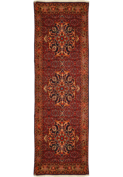 Full-length view of a 3 x 10 Persian Bijar Runner with intricate red, blue, and cream patterns