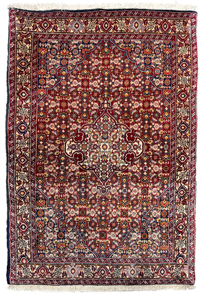 Full view of a 3 x 4'7" Persian Bidjar rug on a white background, showcasing the rich burgundy field with a central medallion and intricate border designs