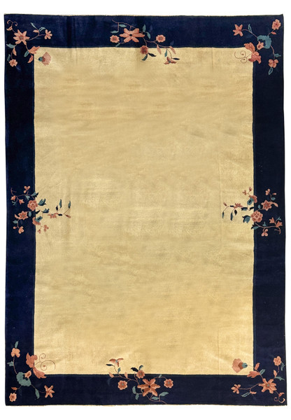 8'2" x 11'2" Vintage Art Deco Rug with a luxurious navy blue border and floral design accents on a beige background, showcasing 1960s elegance