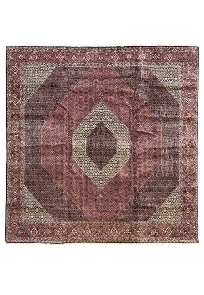 Full view of a grand 13 x 13 Persian Bijar square rug laid out to showcase its rare size and detailed geometric and floral designs in deep reds and blues