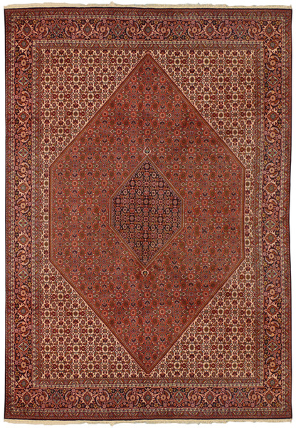 A full view of an 8'3" x 11'4" Persian Bijar Iron Rug, showcasing its expansive rust-red field, central diamond medallion, and intricate border details in navy blue, cream, and olive green.