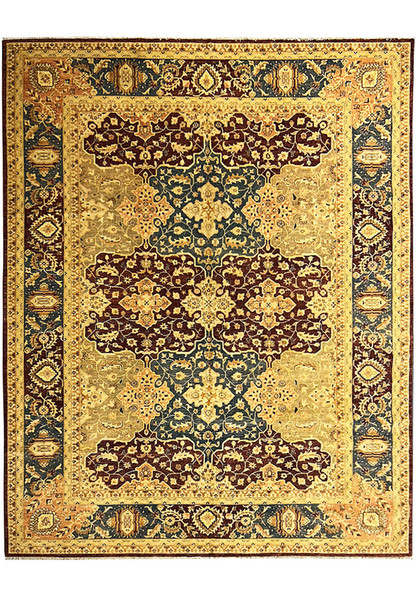Full view of the 12' x 15' Agra rug, showcasing its overall design and layout. The combination of rich maroon, navy, and beige colors, along with the intricate patterns, creates a sophisticated and timeless look.