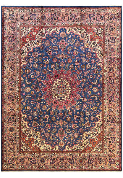 Top view of a 10x13'5 Persian Mashad Rug showcasing a detailed central medallion with crimson red, navy blue, and ivory floral patterns
