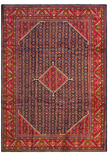 Top view of a 9'3 x 12'9 Persian Mahal Rug showcasing intricate floral and geometric patterns in rich navy and red colors. The central field features a complex array of floral motifs set against a dark navy background, while the vibrant red border is adorned with detailed geometric and botanical designs. The craftsmanship is highlighted by the harmonious balance of colors, creating a visually striking and elegant piece suitable for any sophisticated interior.